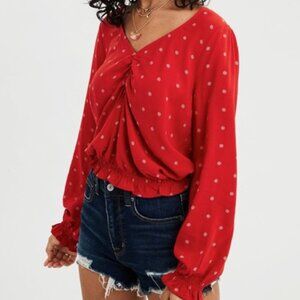 American Eagle Orange Red Floral Print Long Sleeve Top‎ Blouse Size Medium